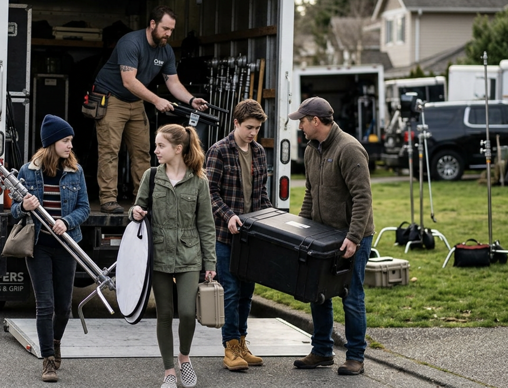 Students carrying production gear on a FIGJAM school production